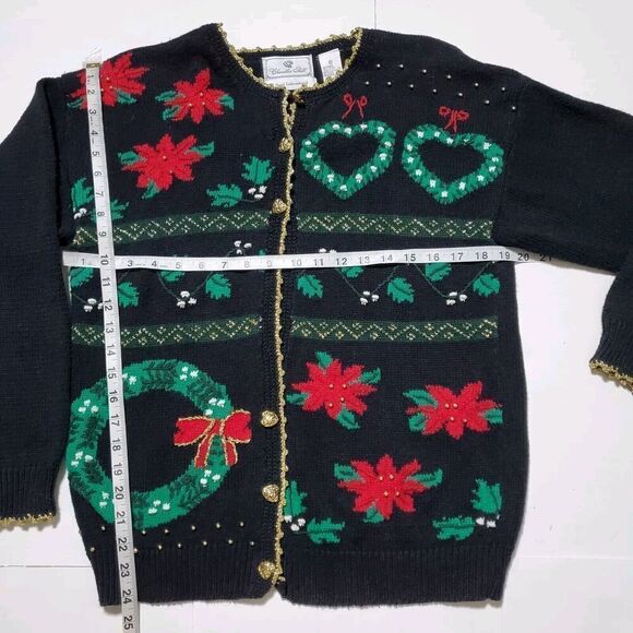 Vintage Holiday Cardigan Sweater Size M Winter Poinsettia Hand Knit Womens - Picture 12 of 14